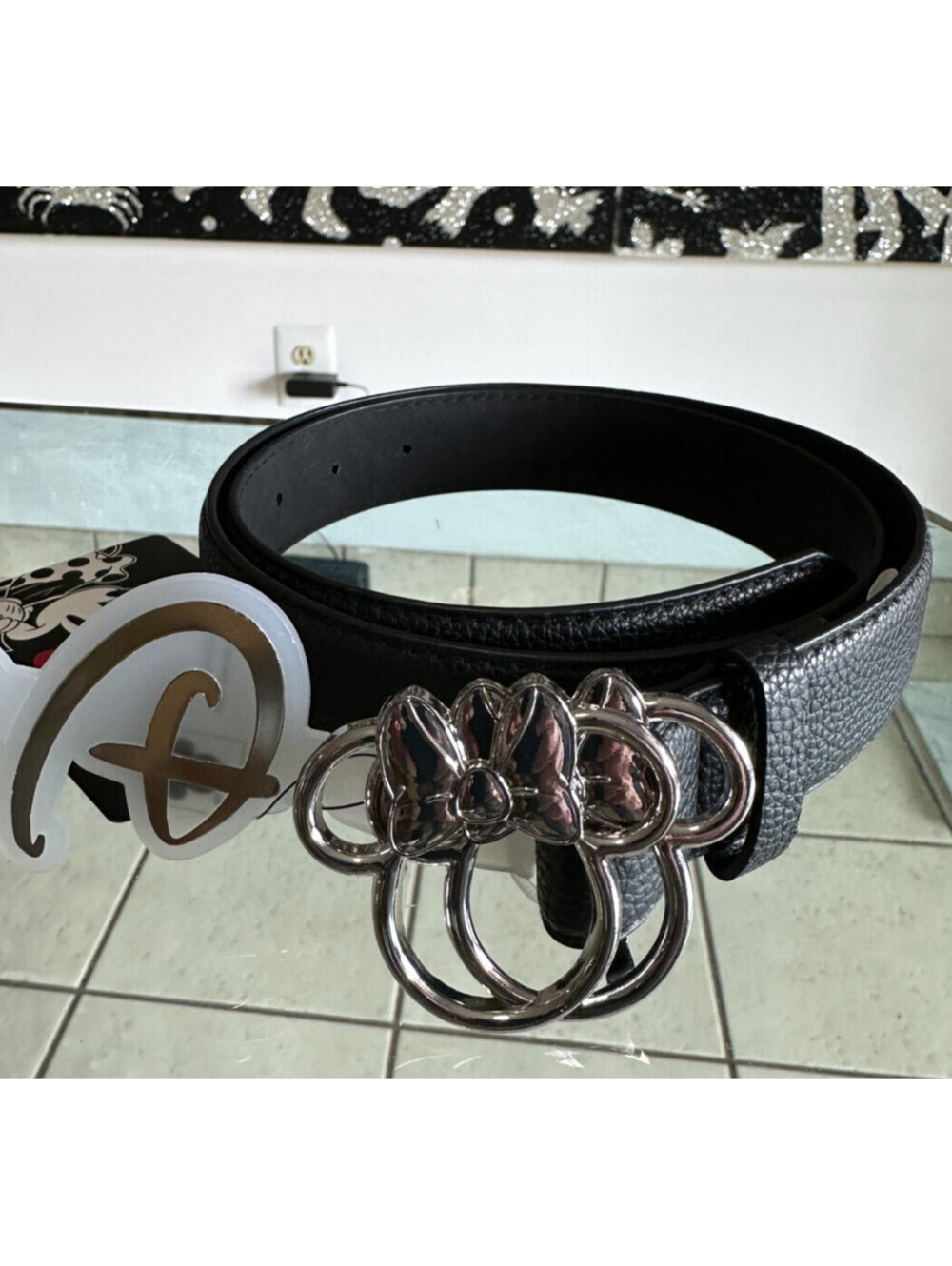 Minnie Mouse Belt Women’s Small Black Pebbled Silver Buckle Walt Disney Ea NEW